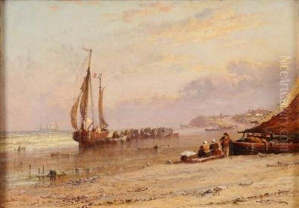 The Coast Of St. Malo, Evening; Fisherfolk Unloading A Beached Craft - view 1