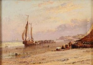 The Coast Of St. Malo, Evening; Fisherfolk Unloading A Beached Craft