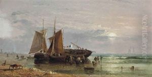 Unloading The Catch Onto The Beach At Scheveningen At Sunset by Arthur Joseph Meadows