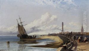 Dutch Harbour Scene With Figures Unloading The Catch by Arthur Joseph Meadows
