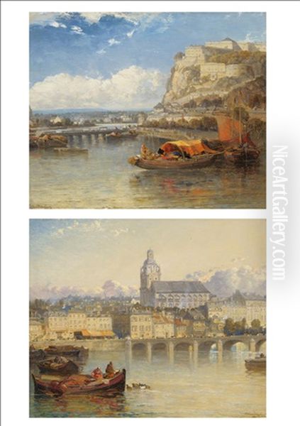 Continental River Scene With Figures In Boats Beside A Bridge; Continental River Scene With Rocky Fortress On A Hillside (pair) - view 1