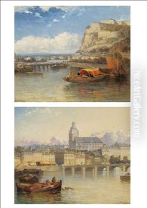 Continental River Scene With Figures In Boats Beside A Bridge; Continental River Scene With Rocky Fortress On A Hillside (pair) by Arthur Joseph Meadows