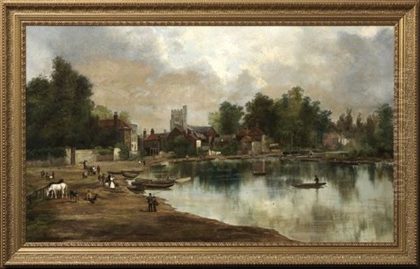 Extensive View Of A Riverside Village With Boats, Animals And Townsfolk On The Shore - view 1