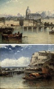 Festung Ehrenbreitstein, On The Rhine (+ A Continental Town View From The River; Pair) by Arthur Joseph Meadows