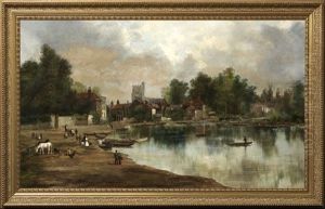 View Of A Riverside Village With Boats, Animals And Townsfolk On The Shore