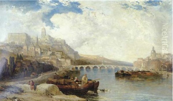A River Landscape With Boats Moored By The Shore - view 1