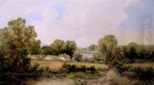 A Hay Cart Before A Thatched Village In A Rolling Wooded Landscape
