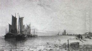 Figures And Boats On The Coast by Arthur Joseph Meadows