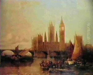 The Houses Of Parliament From The Thames by Arthur Joseph Meadows