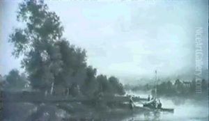 Figures Beside A Boat In An Extensive River Landscape Figures Beside A Boat In An Extensive River Landscape