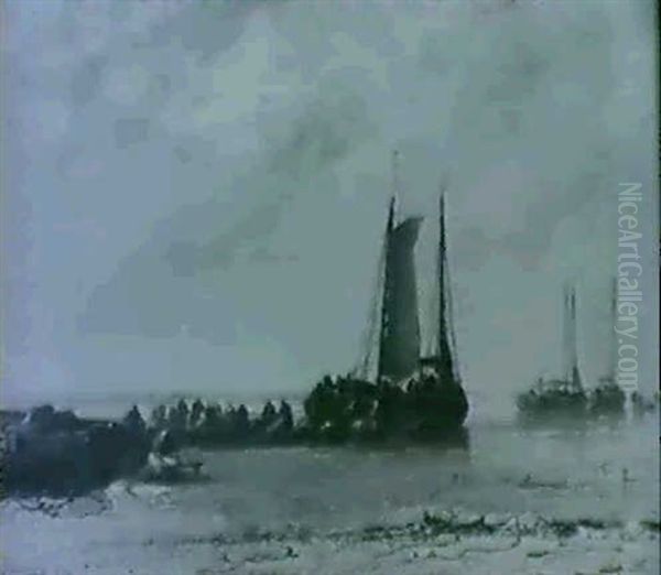 Fisherfolk Sorting Their Nets On Schoven Sands At Low Tide - view 1