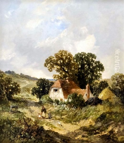 Figures On A Country Track With Half-timbered Cottage To Background - view 1
