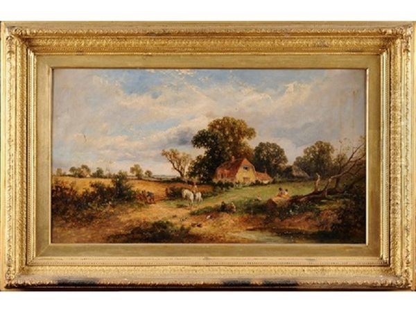 A Rural Scene, Horse And Figures By A Stream, Hay Fields And Cottage Beyond - view 1