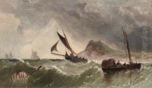 Fishing Boats Off A Fortified Island (lindisfarne?) by James Edwin Meadows
