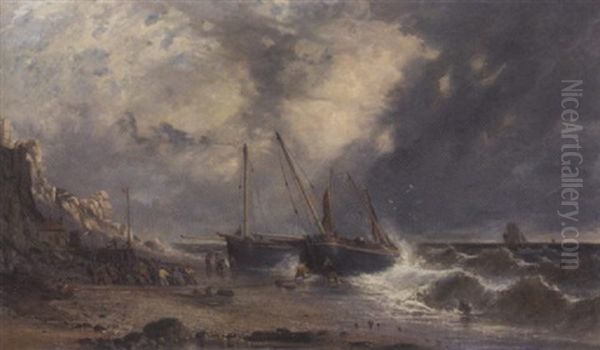 Fishermen Pulling Rye Trawlers Up The Beach Out Of The Swell - view 1