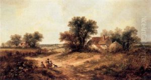 Harvesters Before A Cottage In An Extensive Summer Landscape by James Edwin Meadows