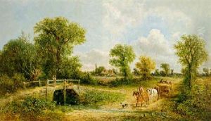 A Horse-drawn Wagon Fording A Stream