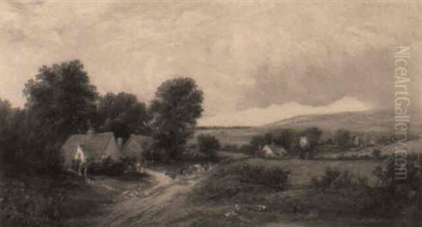 A Rural Landscape With A Drover On A Track Before Cottages - view 1