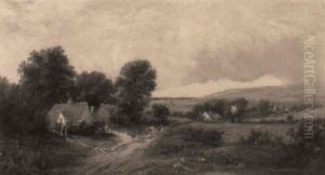 A Rural Landscape With A Drover On A Track Before Cottages