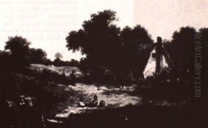 Farmyard Scene With Mother, Children And Puppy by James Edwin Meadows