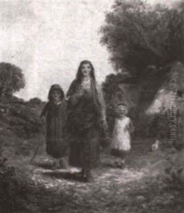 Mother And Children On Village Path