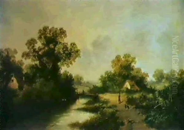 Figure And Dog Before A Cottage In A Wooded River Landscape - view 1