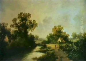 Figure And Dog Before A Cottage In A Wooded River Landscape by James Edwin Meadows