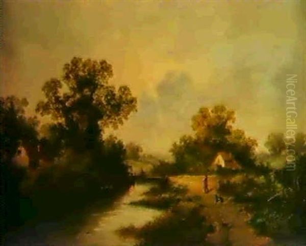 Figure And Dog Before Cottage In A Wooded River Landscape - view 1