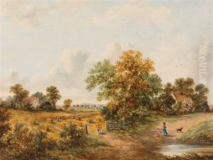 Village At The Wheat Harvest, England by William Meadows