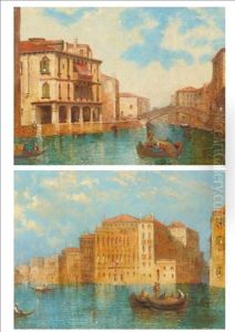 Venetian Canal Scene With Figures In A Gondola; Backwater Venetian Canal With Figures In A Gondola Beside A Bridge (pair) by William Meadows