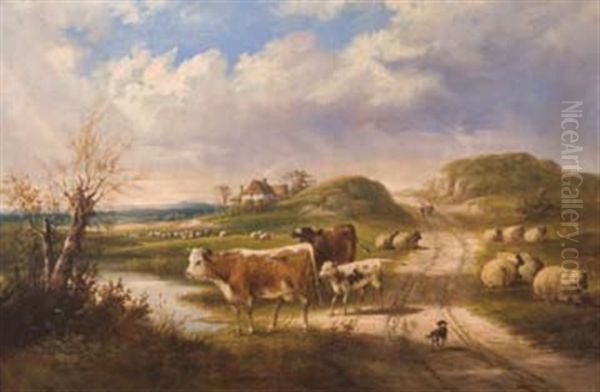 Pastoral Scene With Cows Beside Watering Hole - view 1