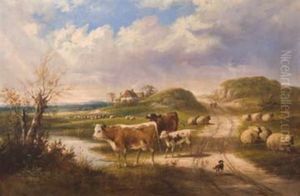 Pastoral Scene With Cows Beside Watering Hole by William Meadows