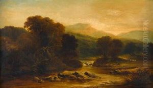 A Shepherd And His Flock In A River Landscape A Shepherd And His Flock In A River Landscape