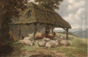 Shepherds And Their Flock, Resting Beneath A Shelter by William Meadows