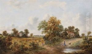Weite Landschaft Mit Bauern Bei Der Getreideernte Vor Dem Dorf by William Meadows