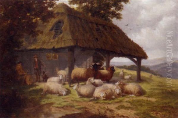 Shepherds With Their Flock Before A Barn - view 1