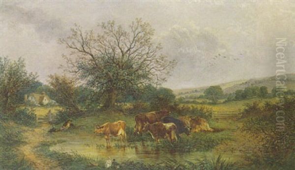 A View In Surrey, Cattle Watering At A Pond - view 1
