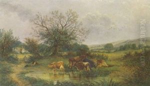 A View In Surrey, Cattle Watering At A Pond