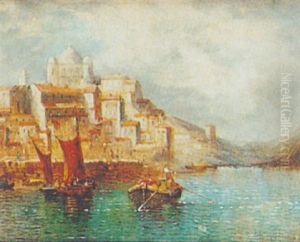 Barges Before A Continental Town by William Meadows