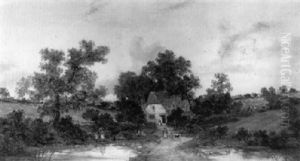 Wooded Landscape With Figures On A Path by William Meadows