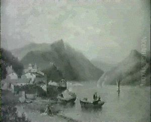 Continental Lake Scenes With Figures And Boats by William Meadows