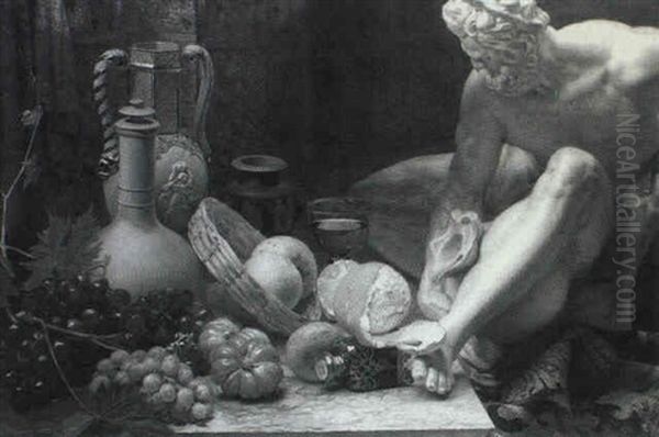 Still Life Of Fruit, Flagons And Glasses On A Ledge, A Statue And Rug Beside - view 1