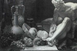 Still Life Of Fruit, Flagons And Glasses On A Ledge, A Statue And Rug Beside by Henry Measham