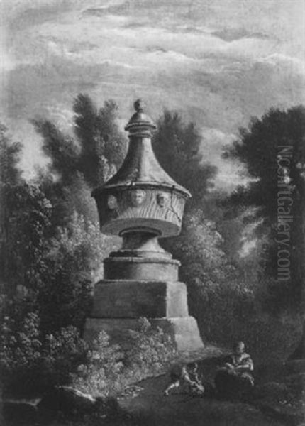 Bewaldete Landschaft Mit Einem Monument Und Figurenstaffage - view 1