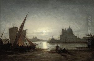 Fisherfolk Before Santa Maria Della Salute Under The Moon