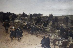 War Scene With Soldiers And Horses by Eugene Medard