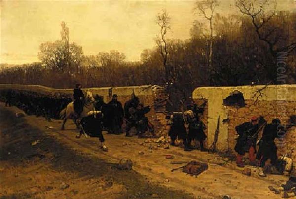 Troops Advancing Behind A Wall At The Edge Of A Wood - view 1