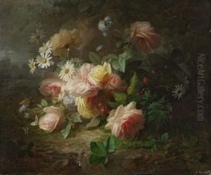 Blumenstilleben. Mit Wilden Erdbeeren Auf Erdboden Liegend