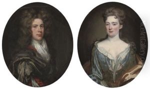 Portrait Of Thomas Mans In A Red And Grey Robe With A White Cravat (+ Portrait Of His Wife In A Blue Dress With A Red Wrap; Pair)
