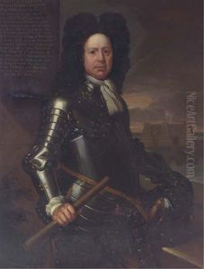 Portrait Of Robert Broadnax Of Godmarsham, Kent, In Armour Holding A Baton With A Fortress Beyond